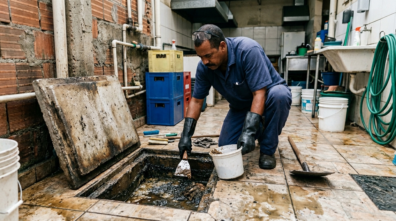 Limpeza de caixa de gordura residencial em Praia Grande‑SP